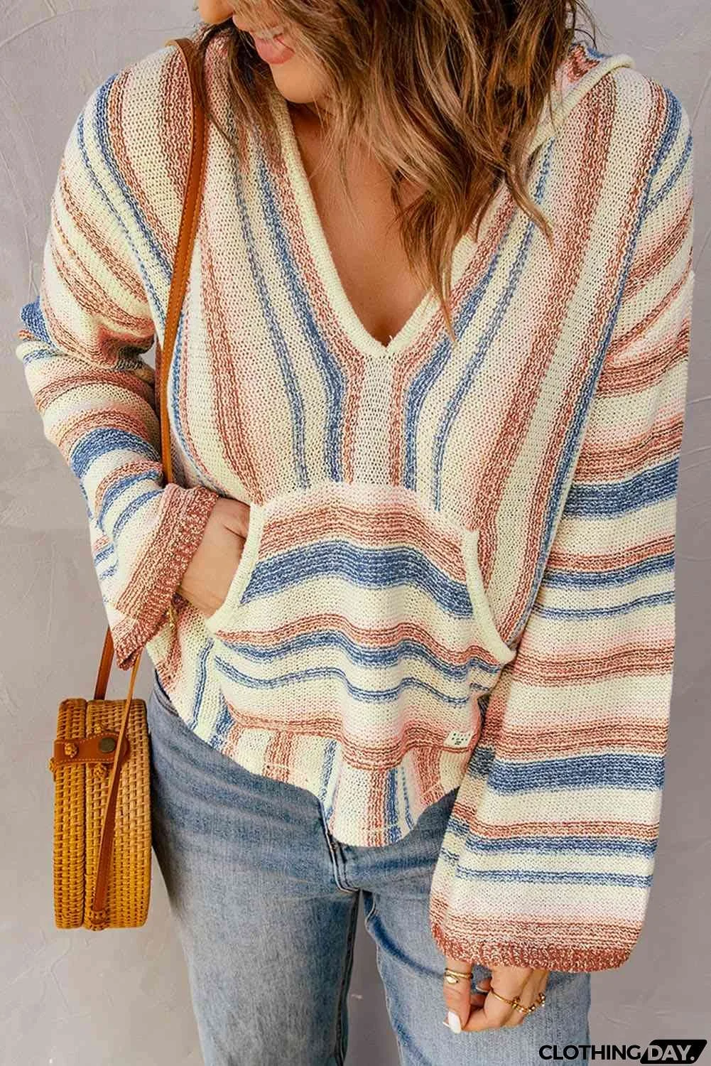 Striped Hooded Sweater with Kangaroo Pocket
