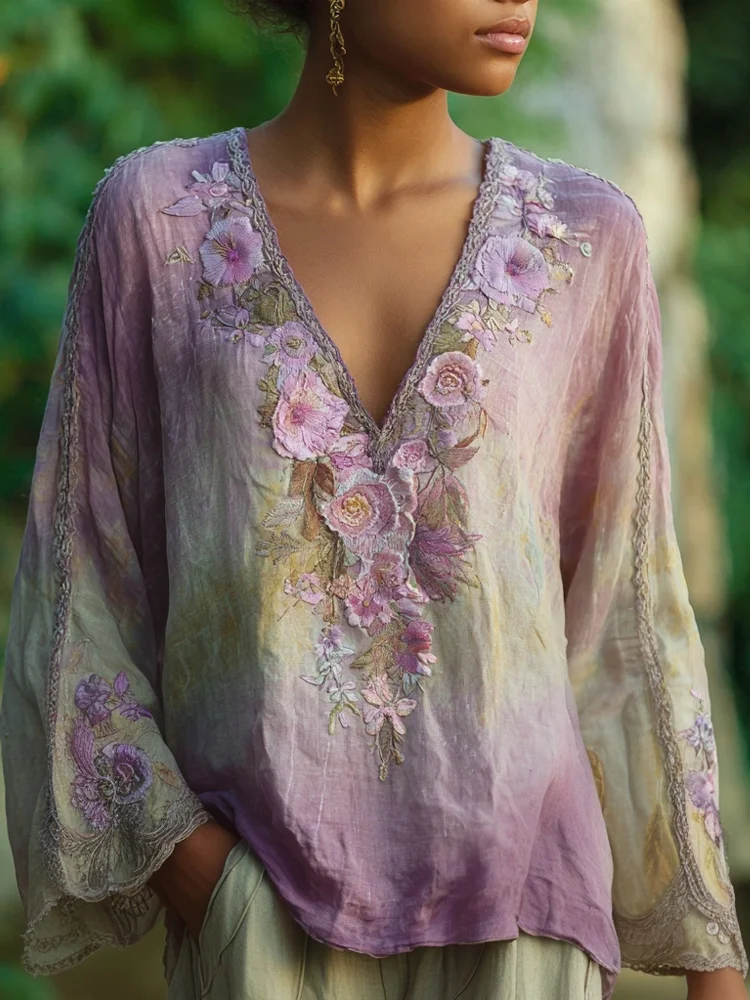 Utbros Classy Flowers Embroidered Light Purple Gradient Linen Shirt