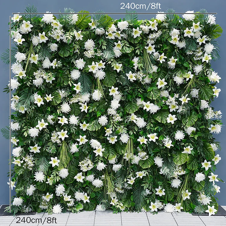 A8106 White Lily Green Palm Leaf Wedding Backdrop Decor 5D Cloth Flower Wall