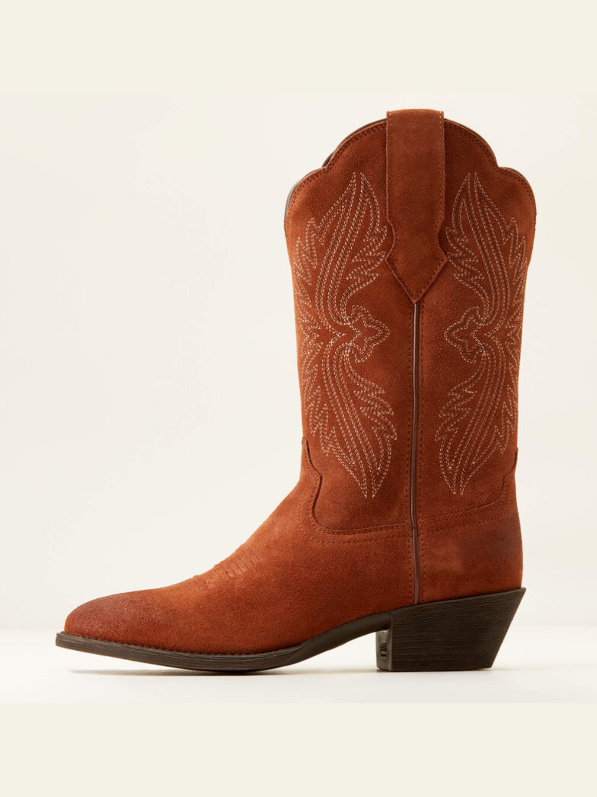 Taafo Brown Faux Suede Embroidery Almond-Toe Wide Mid Calf Cowgirl Boots