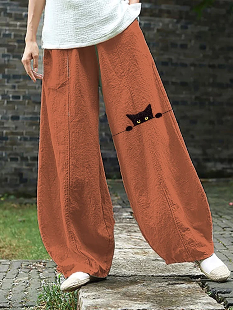 VChics Women's Casual Funny Black Cat Print Pants
