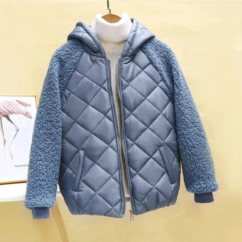 Tlbang Light Down Cotton Jacket Female Short Coat Autumn Winter Women's 2023 New Hooded Loose Imitation Lamb Wool Cotton Jacket