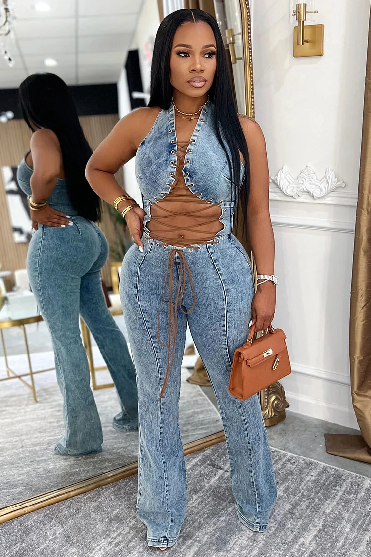 Halter Backless Lace-Up Washed Denim Straight Leg Jumpsuit-Blue [Pre Order]