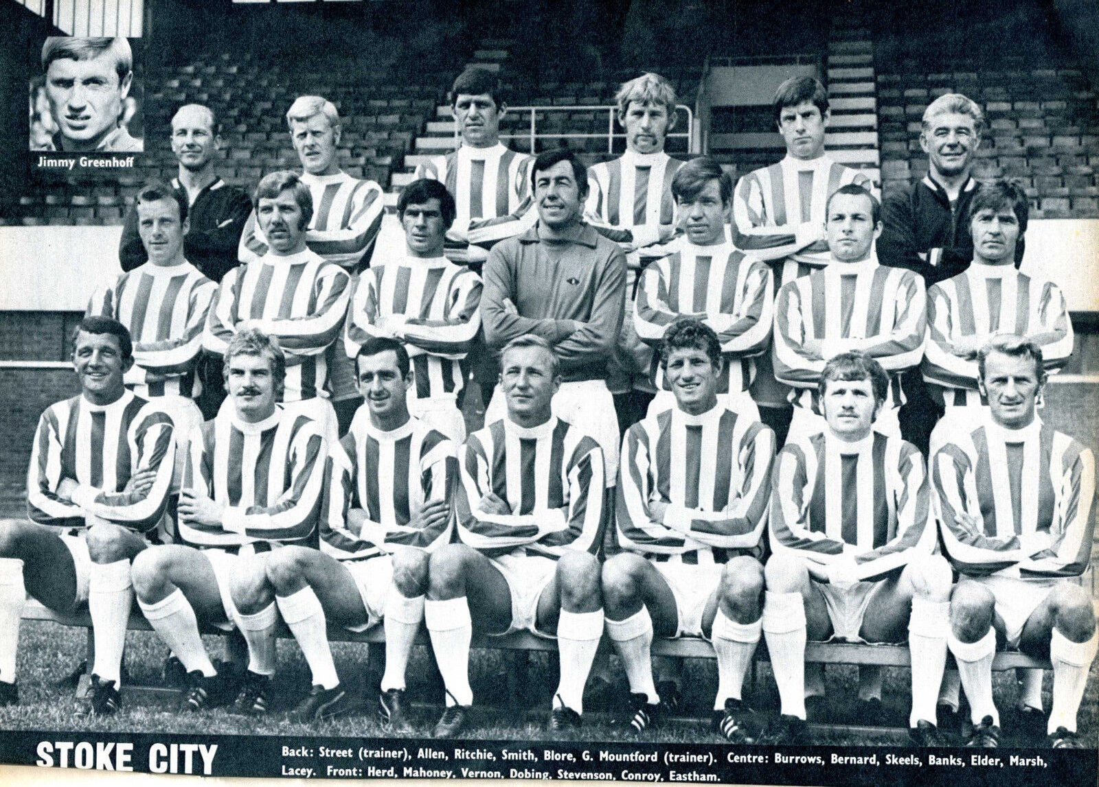 STOKE CITY FC B&W Photo Poster paintinggraph - Football c1969 Line-Up - reprint