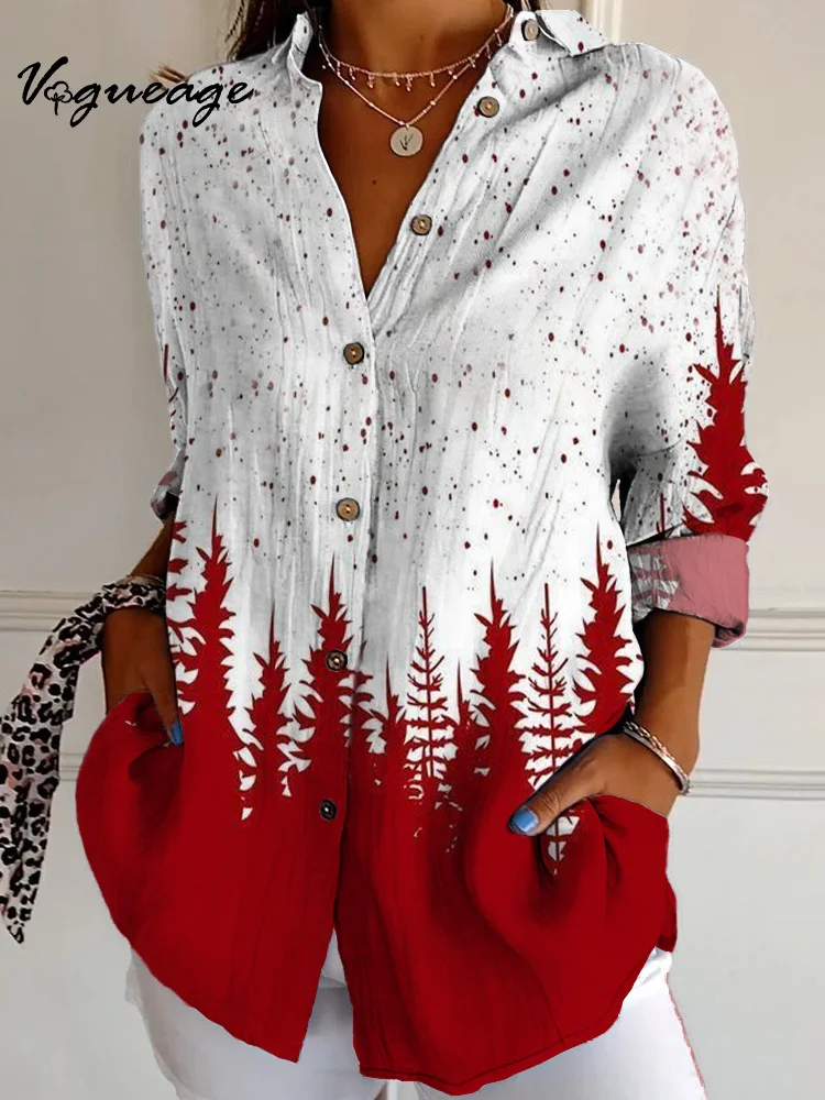 Red Christmas Tree Color Block Christmas Long Sleeve Shirt