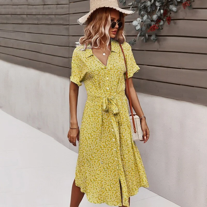 Midi Dress Women Summer Shirt Dress Floral Printed Vintage High Waist Dresses Ladies Casual Loose Single-Breasted Elegant Robe