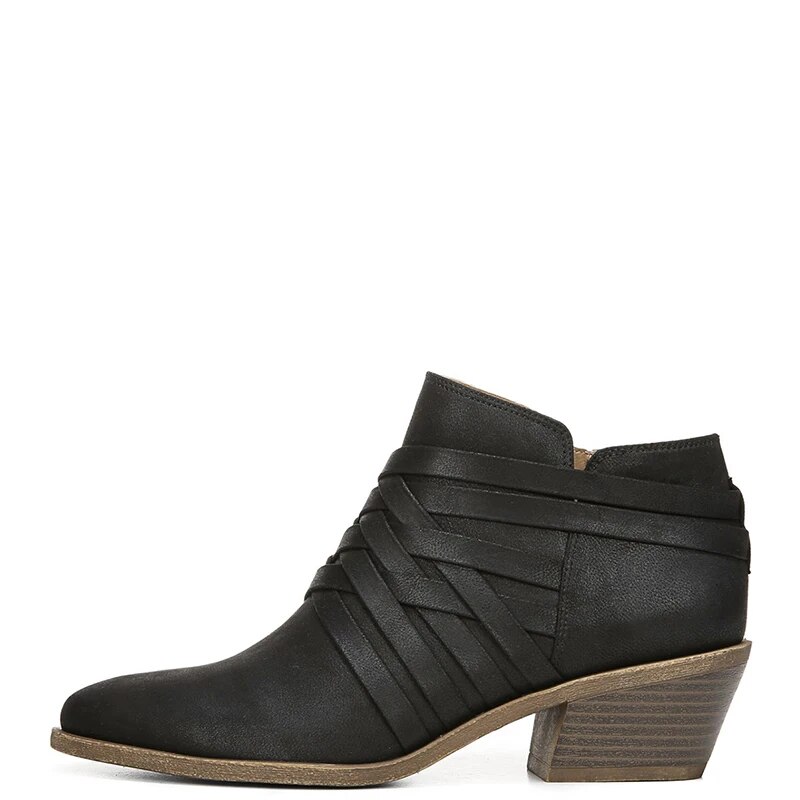 TAAFO Black Woven Vamp Woman Ankle Boots High Chunky Heels Round Toe Booties Zipper Ladies Shoes 