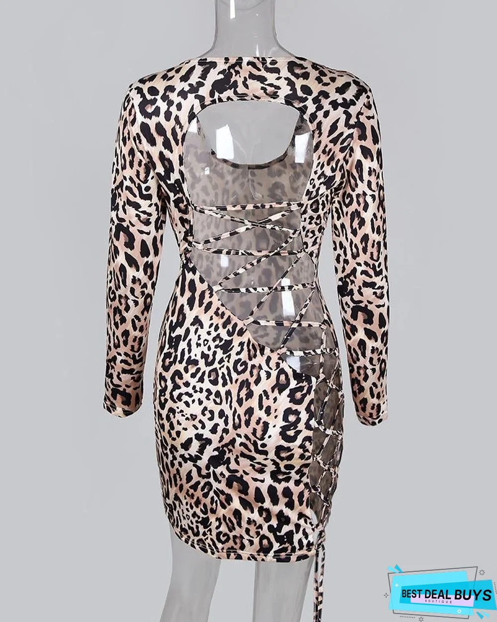 Leopard Lace Up Backless Bodycon Dress