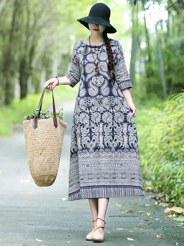 Vintage Cotton Blend Printing Midi Dresses