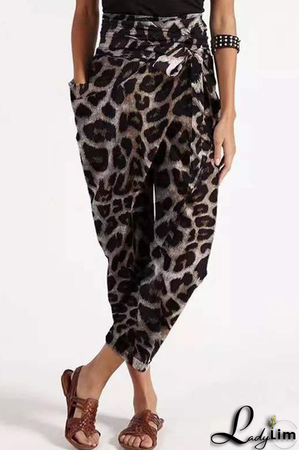 Coffee Casual Street Print Leopard Split Joint Loose High Waist Pencil Full Print Bottoms