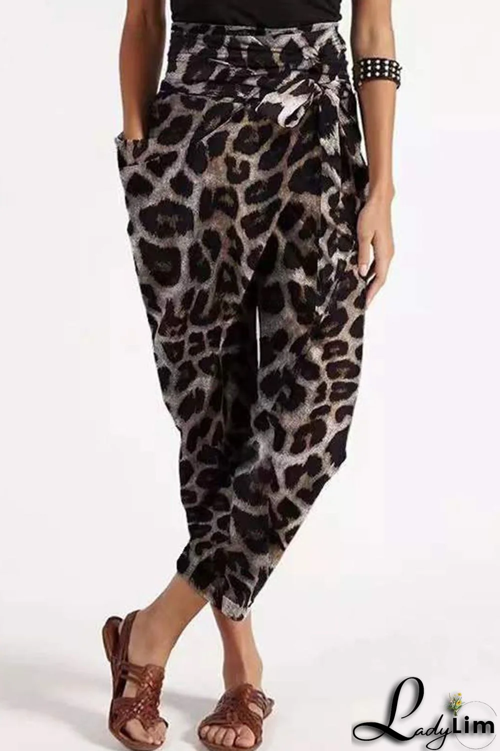 Coffee Casual Street Print Leopard Split Joint Loose High Waist Pencil Full Print Bottoms