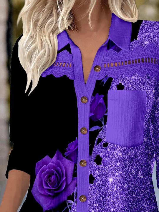 Women 3/4 Sleeve Shirt Collar Floral Printed Graphic Lace Button Pockets Tops