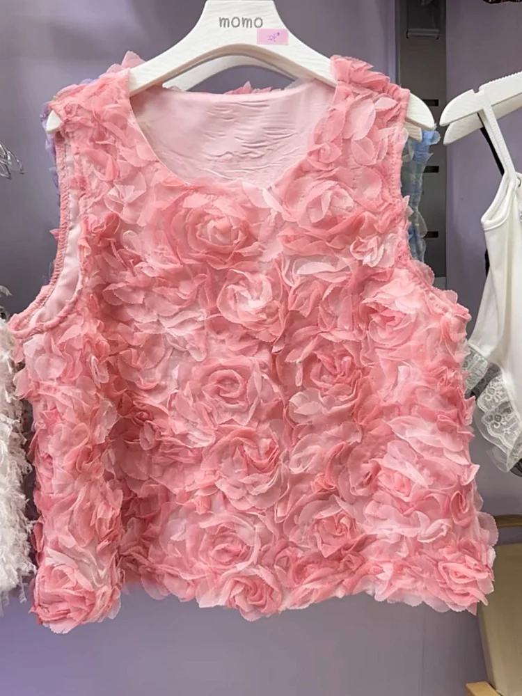 Fantasy Pink Round Neck Gradient Floral Sleeveless Tank 