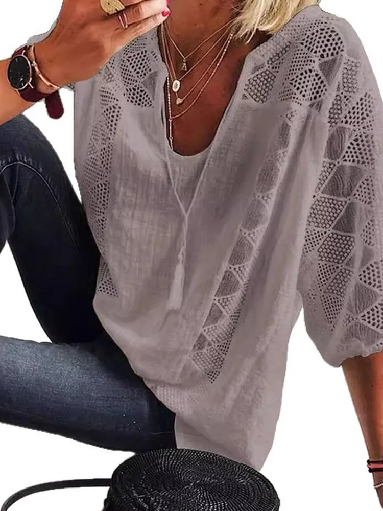 Drawstring Hollow Solid Color Split-Joint Tasseled Loose Plus Size V-Neck Blouses&Shirts Tops