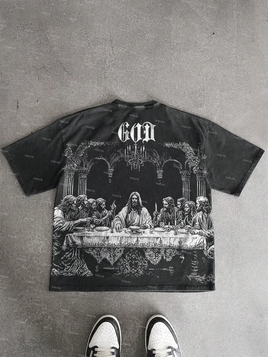 God's Supper Print Acid Wash T-shirt