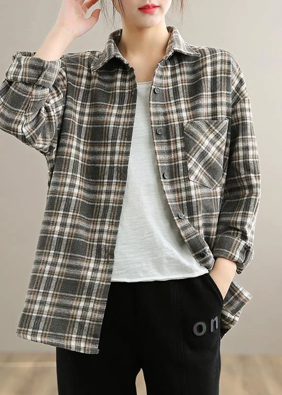 Women Gray Plaid Tunics Lapel Button Down Oversized Spring Blouses