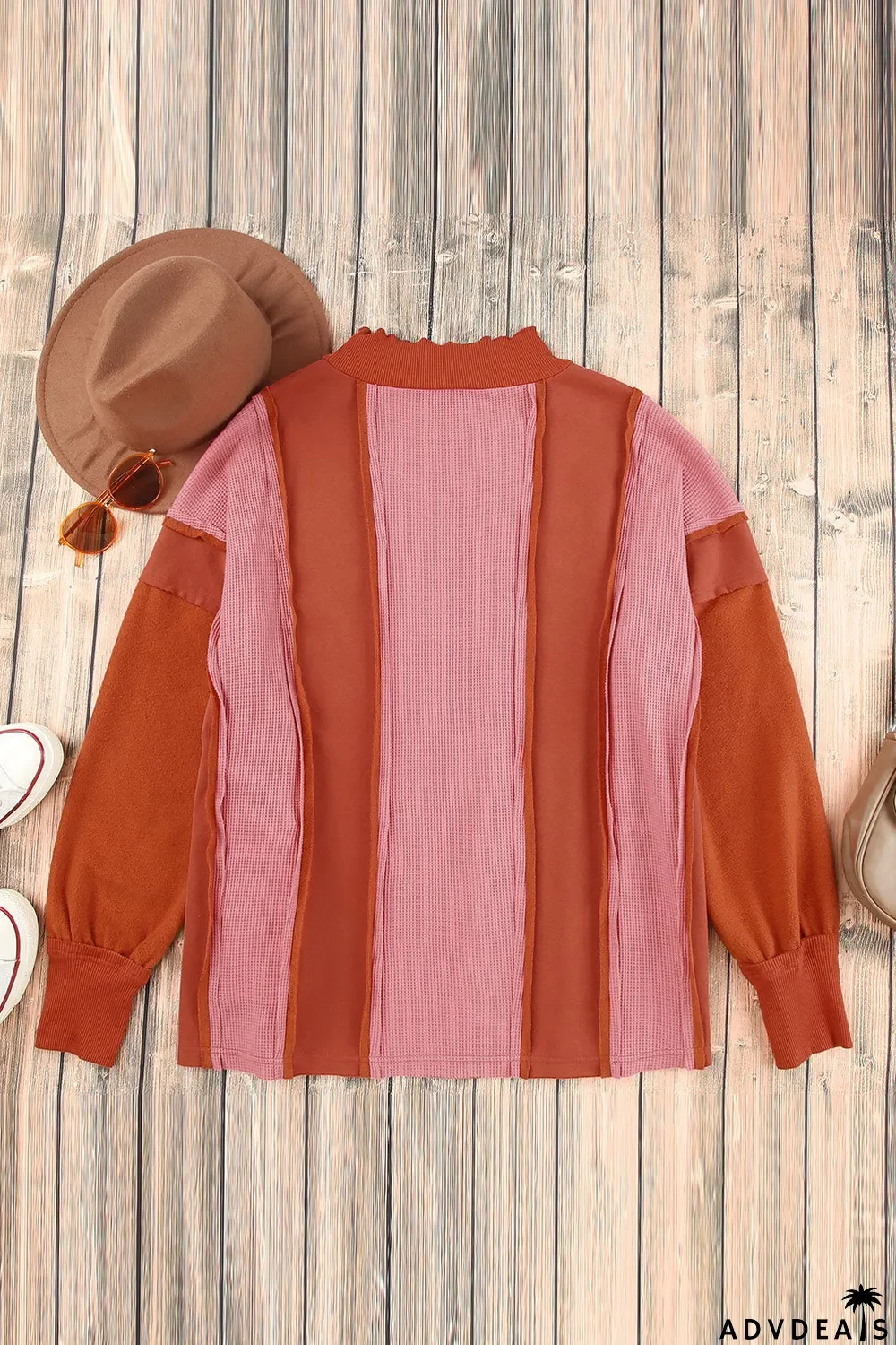 Red Waffle Knit Ripped Exposed Seam Patchwork Top with Thumbhole