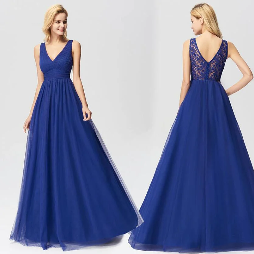 Elegant Royal Blue V-Neck Lace Tulle Evening Prom Dress