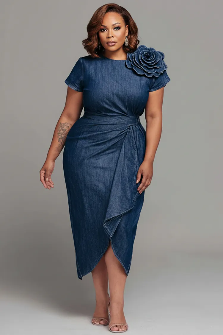 Xpluswear Design Plus Size Business Casual Blue Round Neck Short Sleeve 3D Fold Tencel Denim Midi Dresses [Pre-Order] 2024 - Xpluswear