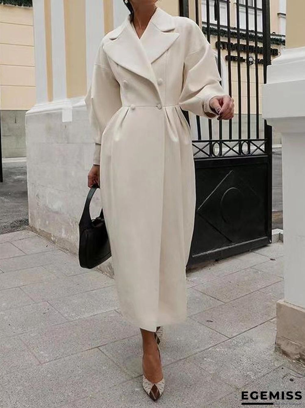 Vintage Lantern Sleeves Solid Color Lapel Long Coat | EGEMISS