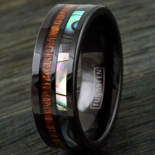 6MM 8MM Women's Or Men's Wedding Tungsten Carbide Wedding Matching Rings Black Rainbow Abalone Shell & Wood Inlay Flat Edged