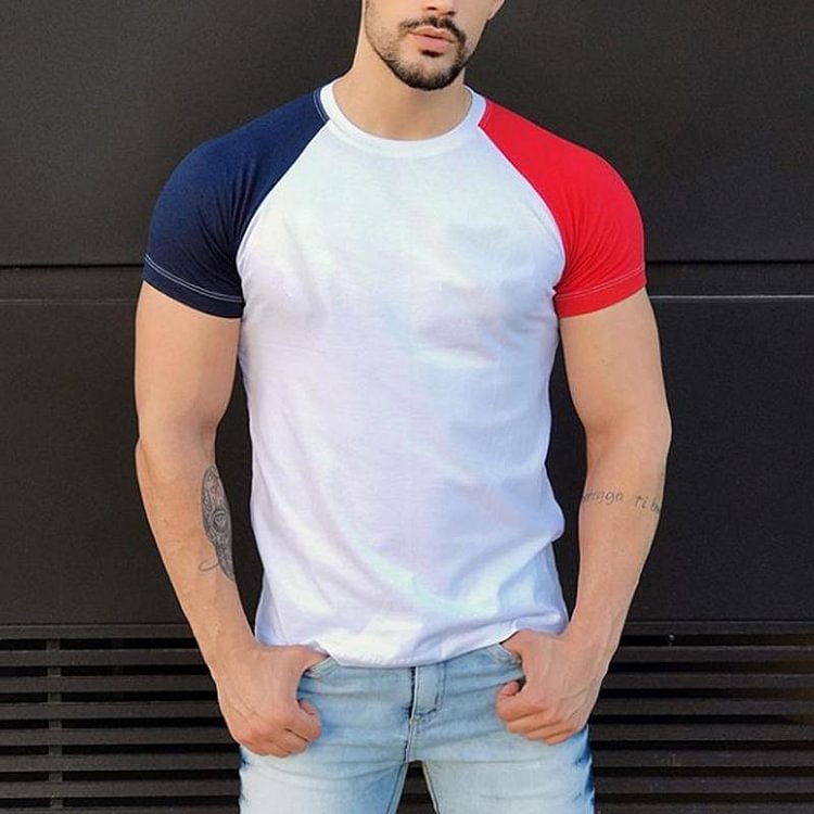 Summer round neck contrast color stitching short sleeve T-shirt