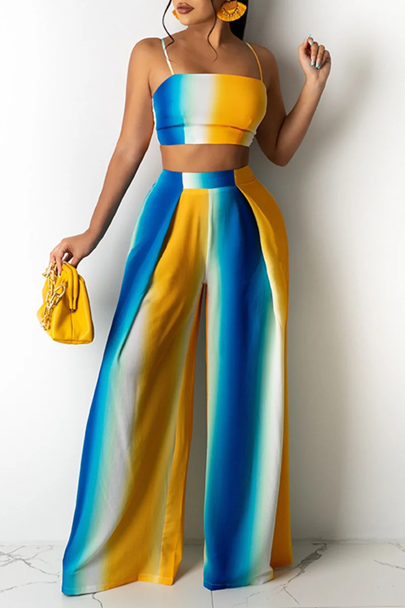 Blue Yellow Sexy Casual Striped Print Backless Spaghetti Strap Two Pieces | EGEMISS