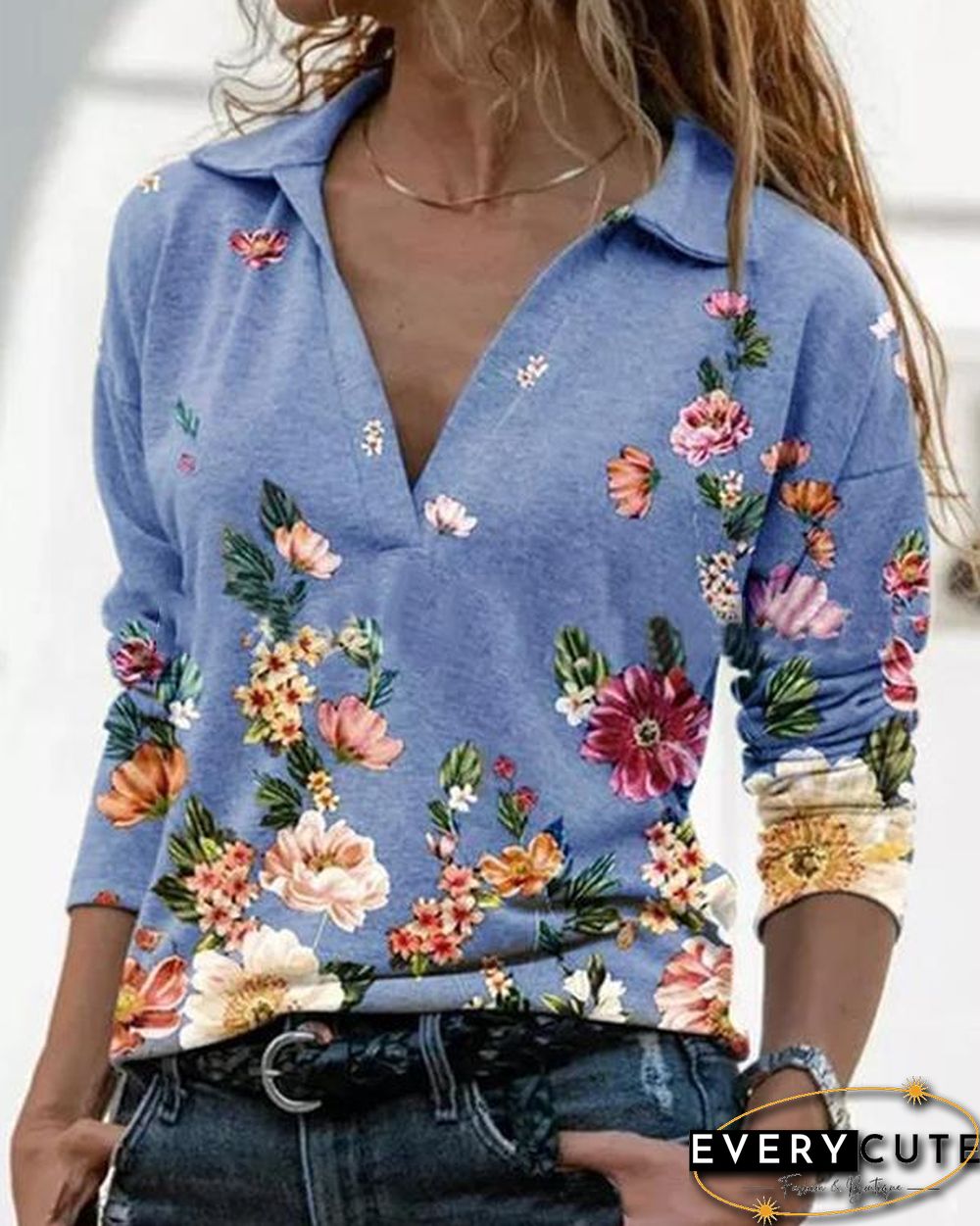 Women Printed Long Sleeve V Neck Shirts