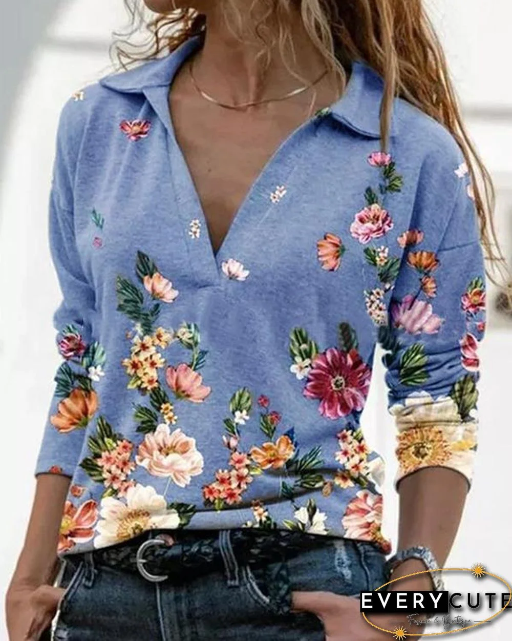 Women Printed Long Sleeve V Neck Shirts