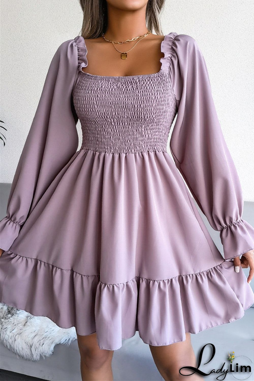 Burgundy Fashion Casual Solid Patchwork Square Collar Long Sleeve Dresses