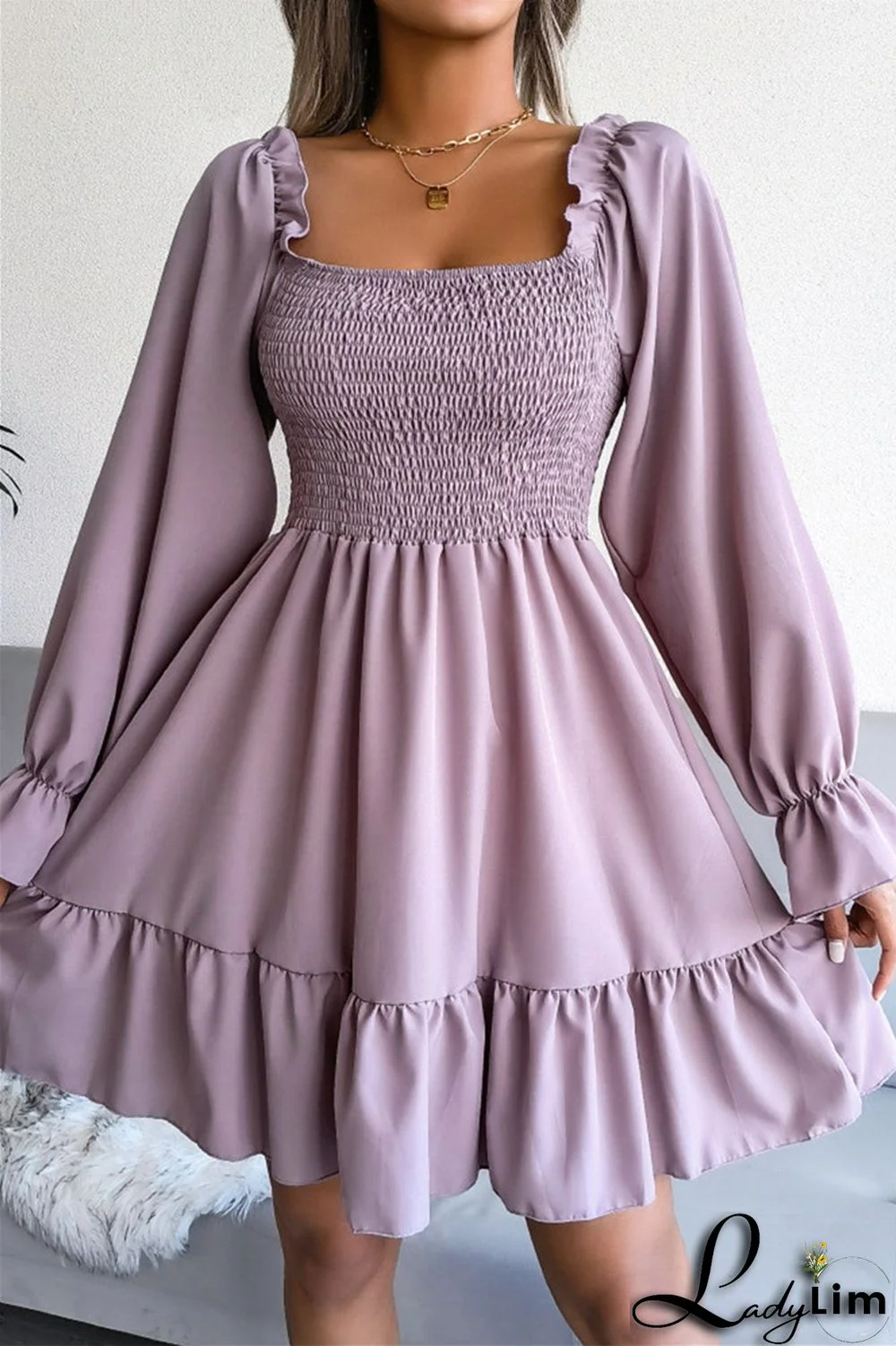 Burgundy Fashion Casual Solid Patchwork Square Collar Long Sleeve Dresses