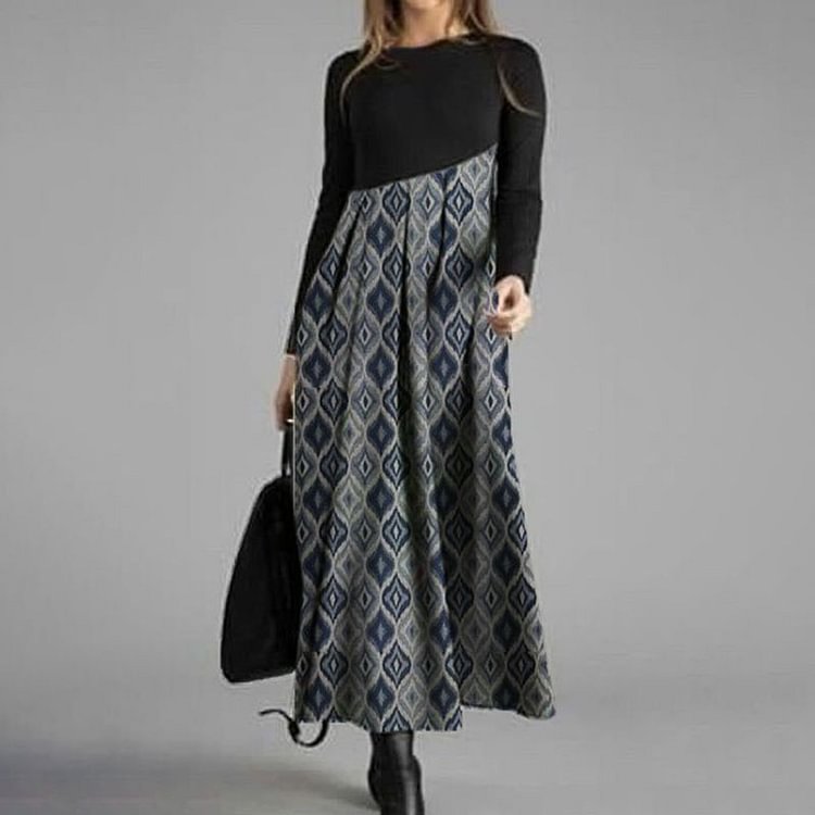 Vefave Casual Paneled Contrast Geometric Print Maxi Dress