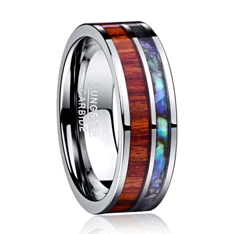 8mm Silver Wood Grain And Natural Shell Inlay Tungsten Carbide Rings Men's Wedding Bands
