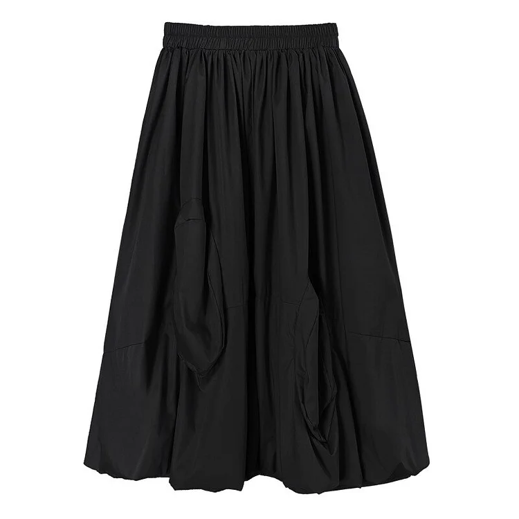 Simple Black Pockets Pleated Puff Skirt