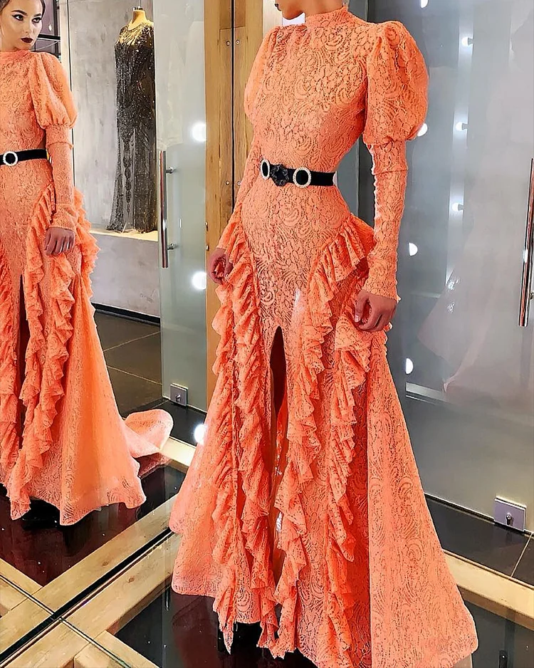 Women's Long Sleeve Slit Lace Ruffle Dress