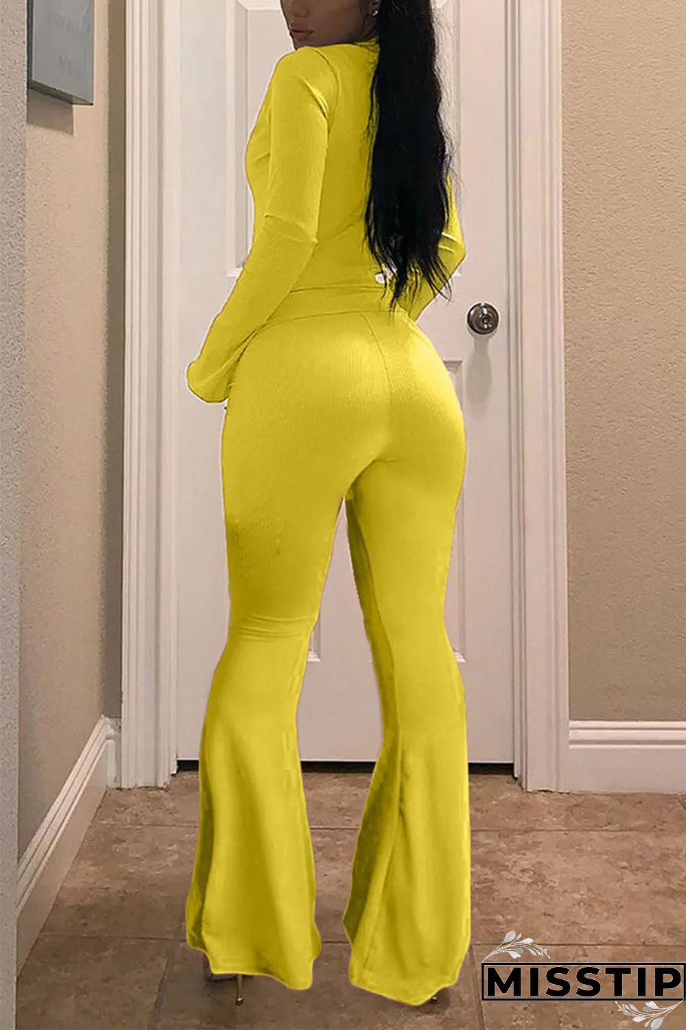 Orange Elastic Fly Long Sleeve Mid Solid Loose Pants Bottoms