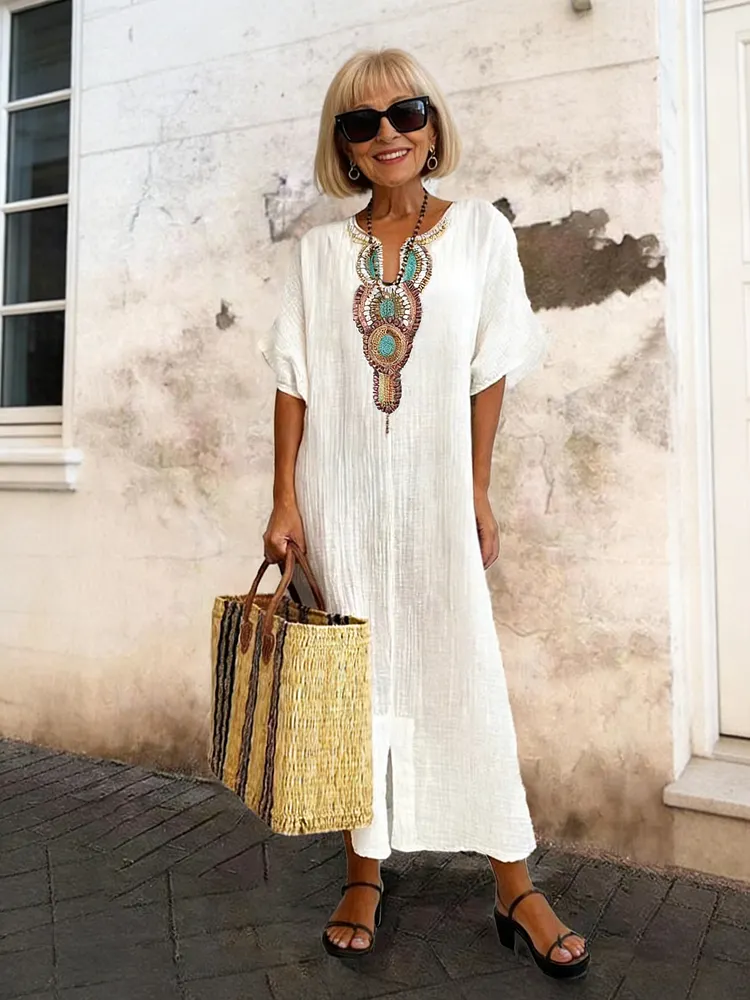 Cotton and Linen Embroidered Split Dress