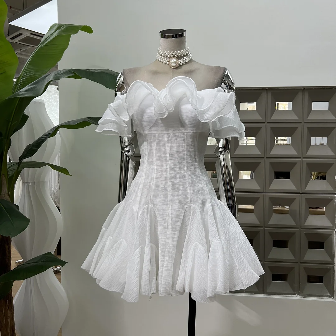 Brownm Gentle Lotus Leaf Petal Word Collar Solid Fairy Short Dress Waist Niche Hip Party Elegant Temperament
