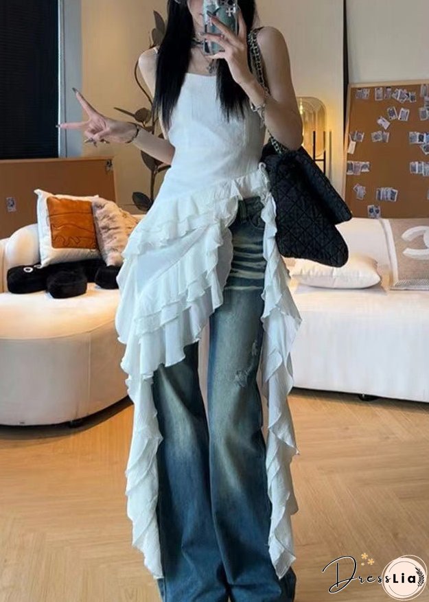 French White Ruffled Solid Cotton Spaghetti Strap Dresses Sleeveless