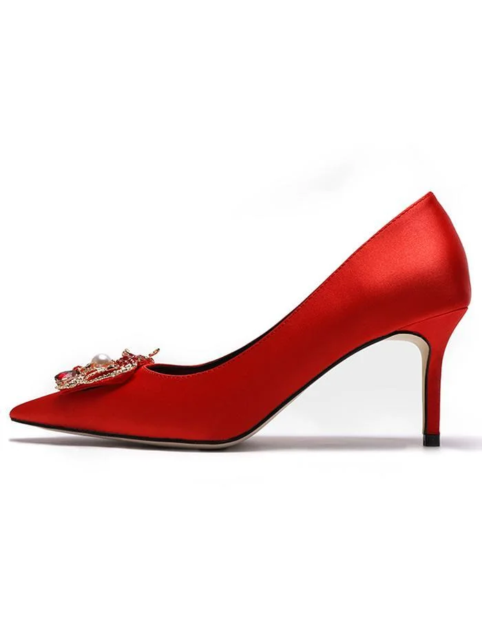 7cm red pointed stiletto high heels with dragon and phoenix rhinestones