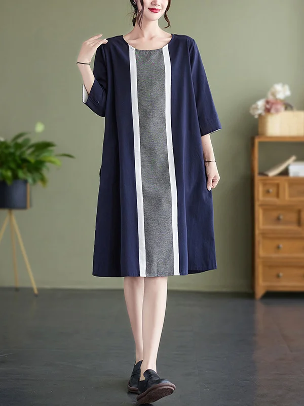 Three-Quarter Sleeves Oversize Striped Split-Joint Round-Neck Midi Dresses