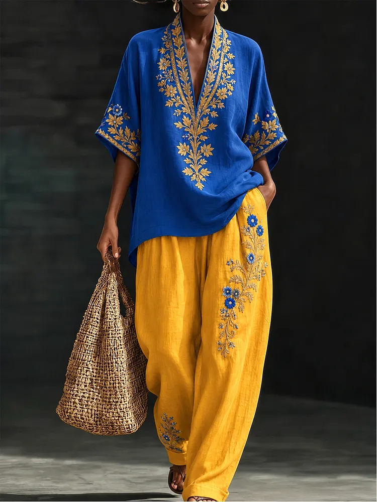 Women&rsquo;s Blue Yellow Floral  2 Piece Outfit, Loose Kimono Sleeve Top and Wide Leg Pants, Summer Vacation Set