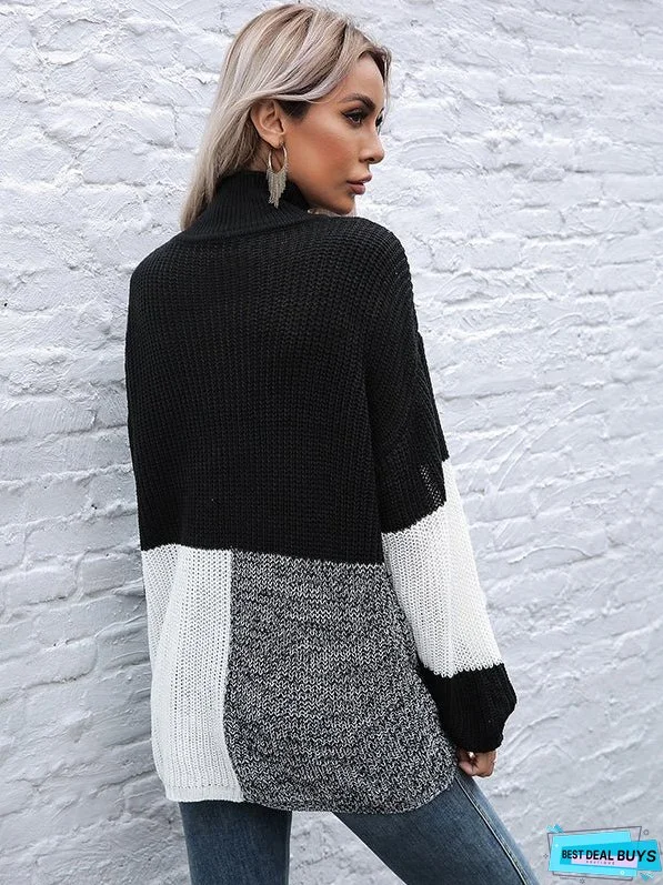 Color Blocking Turtleneck Knit Sweater