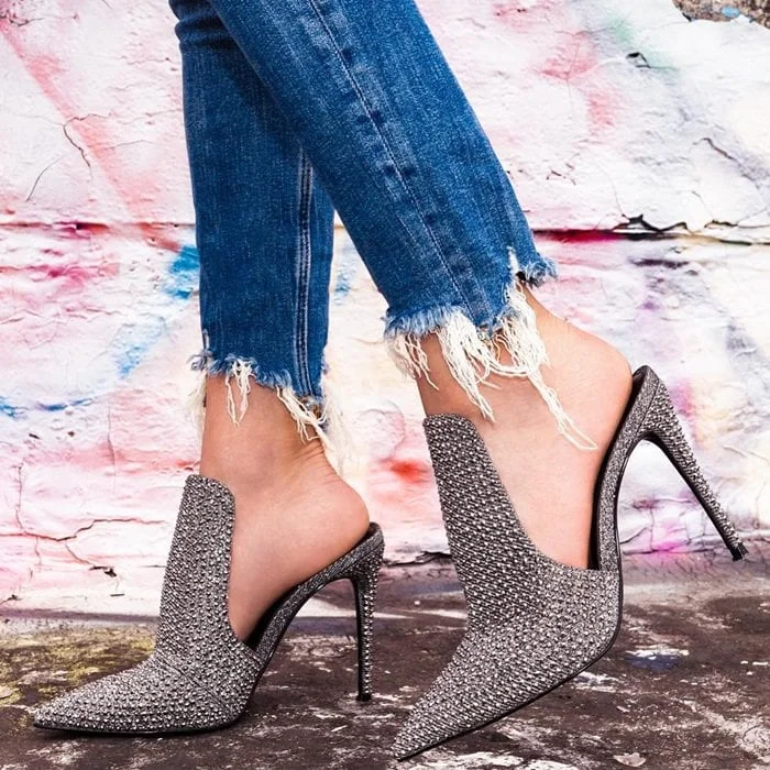 Grey Mule Heels Pointy Toe Stiletto Heels for Woman |FSJ Shoes