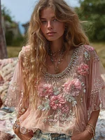 Women's Rose Embroidered Linen Blend T-shirt