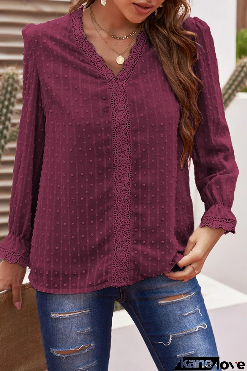 Red V-Neck Swiss Dot Lace Blouse