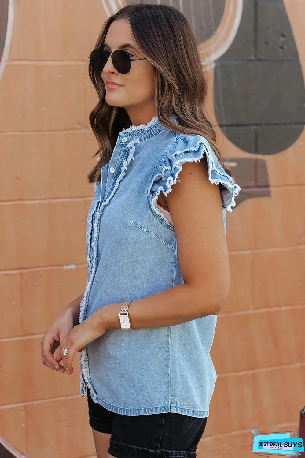 Beau Blue Button Front Ruffled Flutter Frayed Denim Top