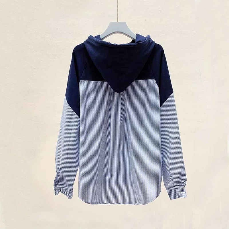 Sweatshirts Plus Size 2021 Autumn Hooded Striped Stitching Shirt Female Korean Style Loose Hoodies Women Drawstring Tops 11943