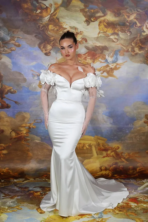 Daisda White Off-Shoulders Handmade Flower Mermaid Prom Dress With Plume Long Gloves