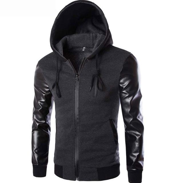 men's Hooded Jacket Korean Fashion Sleeves Leather Hooded Jacket Men's Jacket